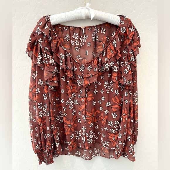 FREE PEOPLE | Brown Bohemian Floral Ruffle Sheer Long Sleeve Blouse | Medium - Picture 1 of 7